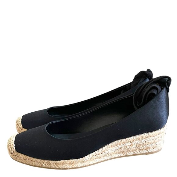 Tory Burch Heather Satin Wedge Espadrille In Black Size 6.5 - Picture 1 of 13